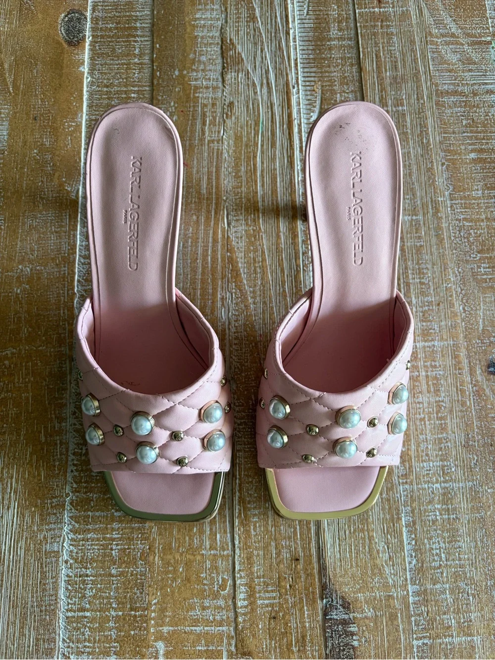 Karl Lagerfeld Amira Pink Pearl Quilted Mule Heels Size 9 Barbie Coquette